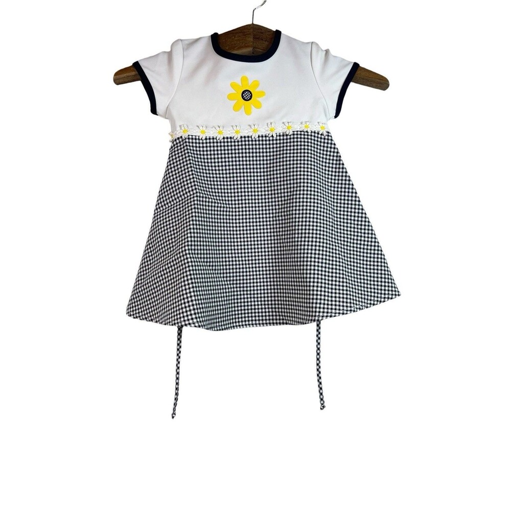 Lil Byer Black White Gingham Sunflower Dress Toddler Girls Size 3T Vintage USA
